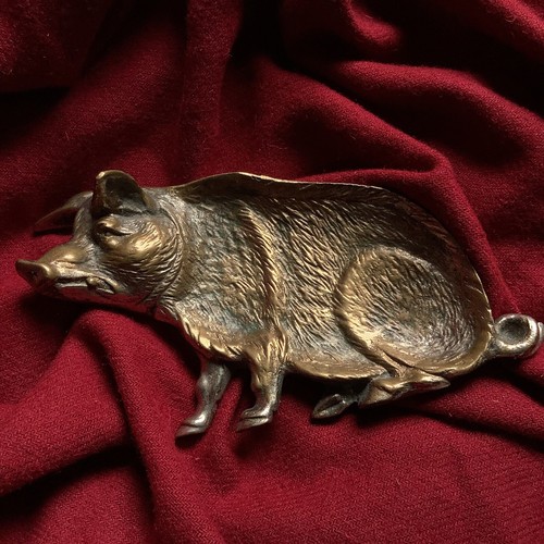 Antigua figura de estatua de animal bandeja de tarjetas de bronce trofeo cazador agricultura granja de cerdos - Imagen 7 de 7