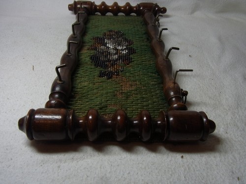 Key Rack Fabric with Glass Pearls and Turned Wood Antique German #M - Picture 8 of 12
