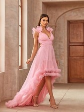 Ruffle High Low Hem Wedding Dress Plunging Neckline, Adjustable Spaghetti Straps