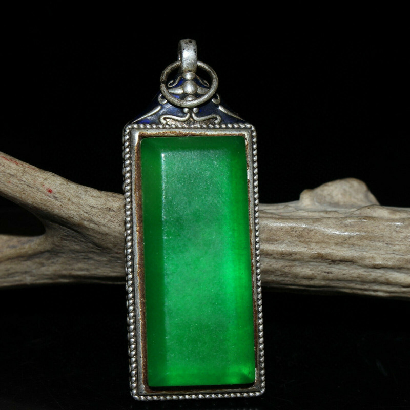 China Antique Tibetan Silver Inlaid Green Jade Pendant Retro