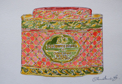 Watercolour painting Fortnum Mason Christmas spiced black tea caddy