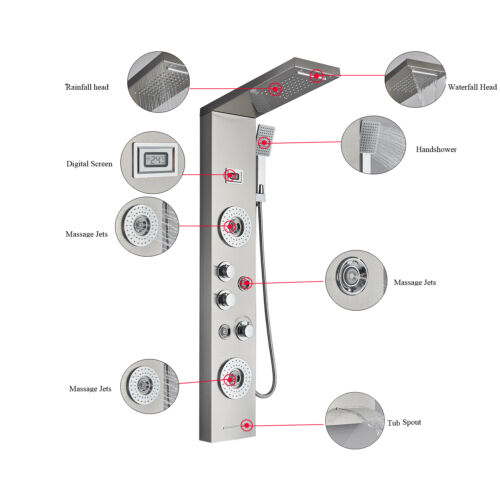 Rain&Waterfall LED Shower Panel Tower Stainless Steel Massage Body Jets System - Picture 123 of 149