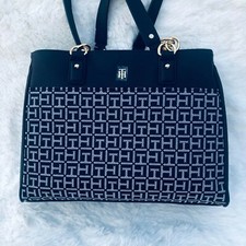 Tommy Hilfiger Shopper Tote Bag Black White Monogram Gold Chain Accents