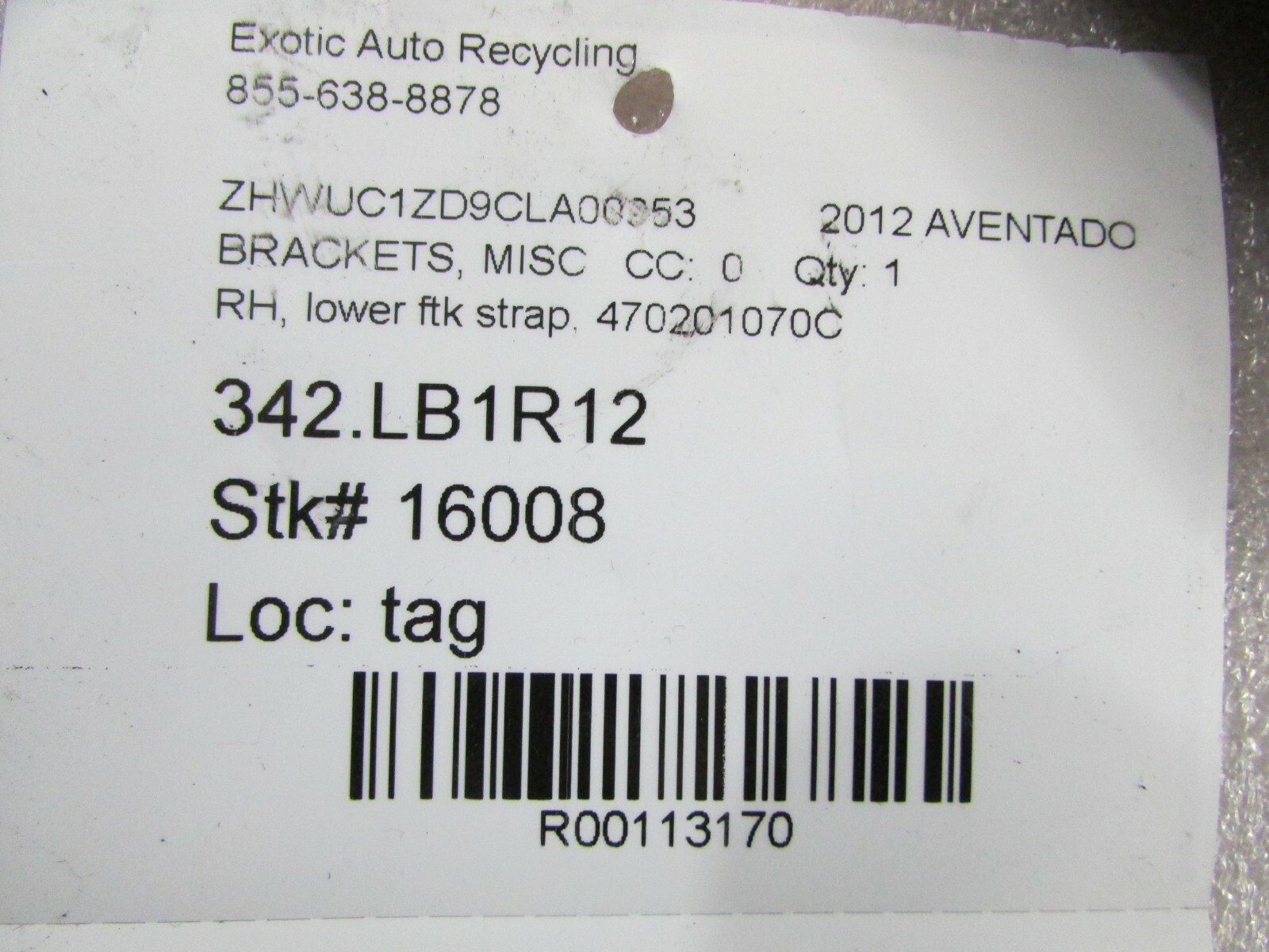 Lamborghini Aventador, Right Lower Front Fuel Tank Bracket, Used, P/N 470201070C