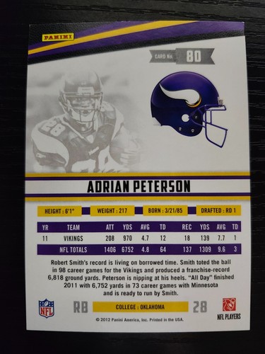2012 Rookie & Stars Adrian Peterson True Blue Parallel #80 Vikings - Picture 2 of 2