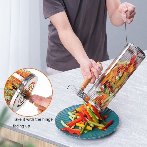 Stainless Steel Grill Baskets for Outdoor, Rolling with Removable Handle &Stand - Picture 11 of 14