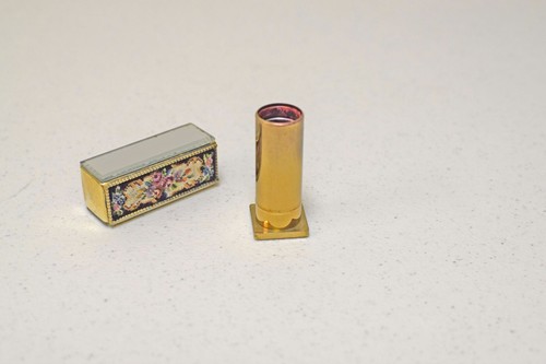 VINTAGE Black Floral Petit Point Tiny Lipstick Holder Mirrored Sides - Picture 5 of 7