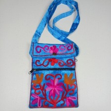 Embroidered Crossbody Bag/ Purse Bright Colors Floral 2 Zip 1 Button Compartment