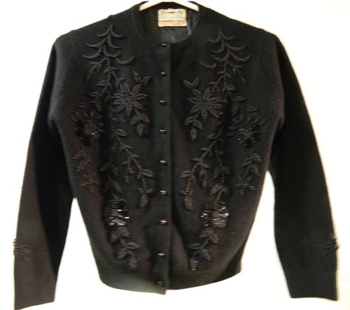 STEPHEN CHU BEADED SWEATER CARDIGAN ANGORA WOOL BLACK W/ BLACK BEADS SIZE 36 - 第 1/11 張圖片
