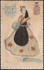Spanien AK mit echtem Garn: Frau im Trachtenk...