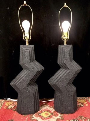 PAIR Vintage MCM 80s Post Modern Veras Plaster Zig Zag Table Lamps