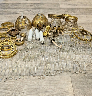 HUGE 175pc Lot Antique Vintage Oil Lamp Chandelier Parts Crystals Burners Shade