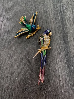 2 Vintage Enamel Rhinestone Bird Brooch Pins Sphinx Style Lot of 2 1960s