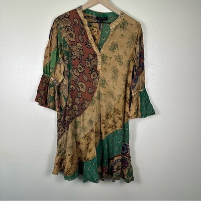 YOUNG THREADS Boho Flowy Hippie Patchwork Overdyed Large Babydoll Mini Dress