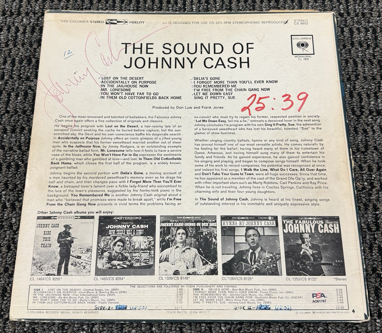 Johnny Cash Signed Autograph 1962 The Sounds Of Johnny Cash Vinyl Album PSA/DNA