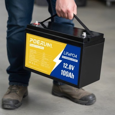 POERUNI 12V 100Ah Lithium LiFePO4 Battery 8000+ Deep Cycles For RV Solar Marine