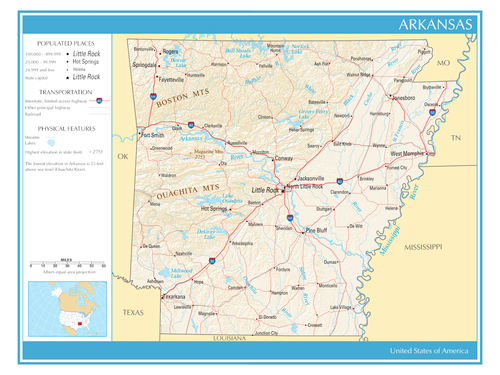 Karte des Staates Arkansas Vereinigte Staaten von Amerika politisches physisches Poster