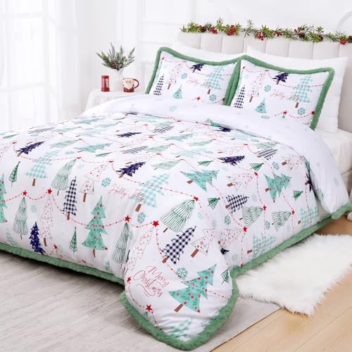 3 Pezzi Copripiumino Natalizio Re con Bordo Peluche, Albero di Natale Regina Teal - Foto 1 di 7