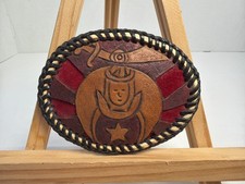 Vintage Shriners Freemason Leather Belt Buckle Western Tooled Oval