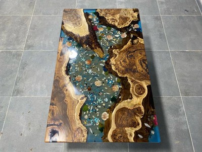 Hackberry Wood Ocean Epoxy River Table Top | Blue Green Tropical Handmade