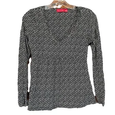 Elle Shirt Women's Sz Small Black White Geometric Long Sleeve Stretch V Neck Top