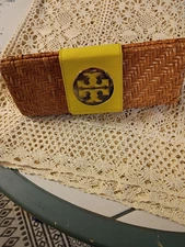 Tory Burch Rattan Clutch. Yellow Patent Leather.