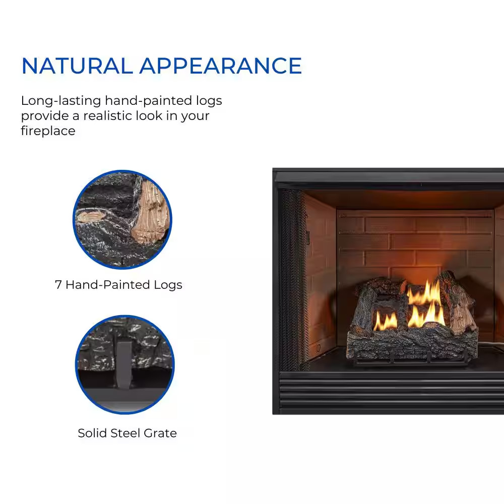 Fireplace Gas Log Heater Dual Fuel 18 Inch Manual Control Vent Free 30,000 BTU