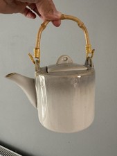 Ceramic Teapot Asian Square Bamboo Handle Japan Beige Grey Kettle