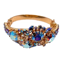 Vintage Alice Caviness Signed Bluer AB Crystal Rhinestone Hinged Cuff  Bracelet