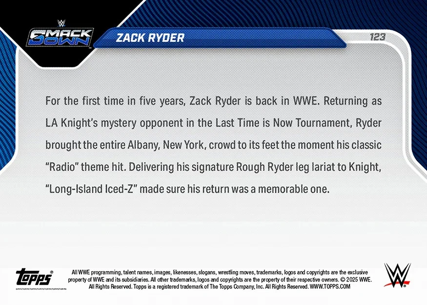 2025 Topps Now WWE #123 Zack Ryder SmackDown PRESALE - Image 2 of 2