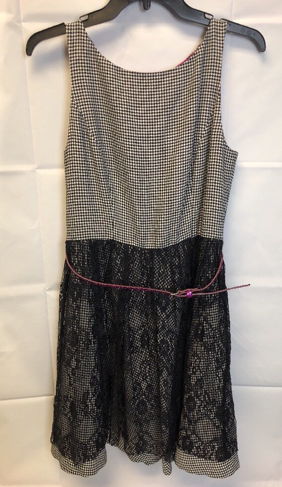 jessica simpson glitter dress Hounds tooth Black Lace Pink Belt Women Size 10 * Cinthya