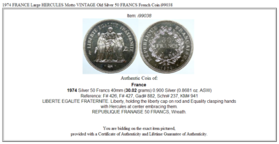 1974 FRANCE Large HERCULES Motto VINTAGE Old Silver 50 FRANCS