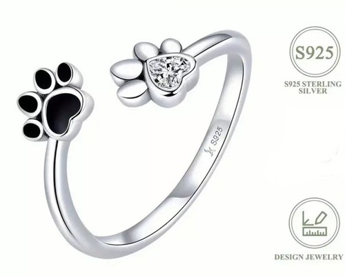 Anello Gatto Cane Zampa Argento 925 Impronta Strass Regolabile Animale Cristallo Regalo - Foto 7 di 7