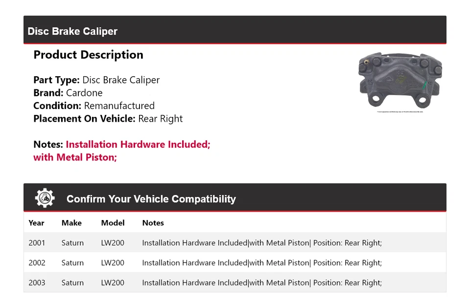 Pinza de freno de disco trasera derecha Cardone 2002 para Saturn LW200 2001-2003 Foto 2 de 4