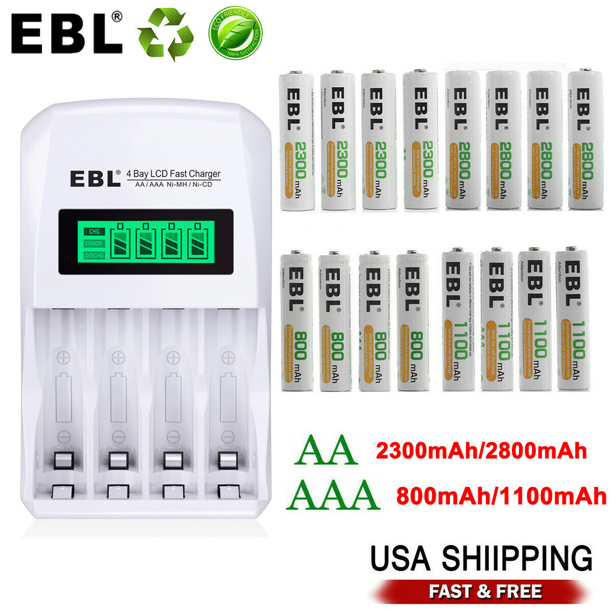 EBL  AA AAA Rechargeable Batteries NI-MH 800mah~2300mah~2800mAh+ LCD Charger Lot-image