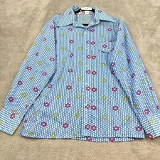 VTG Skyr Nylon Disco Shirt Mens M Blue Psychedelic Floral Dagger Collar Groovy
