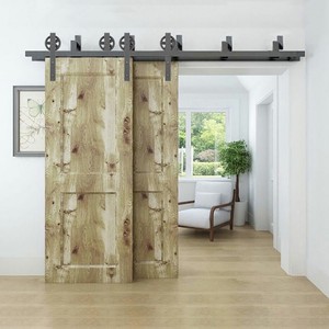 Details About 14ft Bypass Sliding Barn Door Hardware Kit Closet 2 Doors Black Wheel Overlap