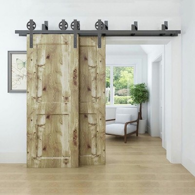 14ft Bypass Sliding Barn Door Hardware Kit Closet 2 Doors Black