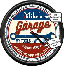Personalized Your Name & Date Garage Mechanic Tools Rules Gift Sign Wall Clock