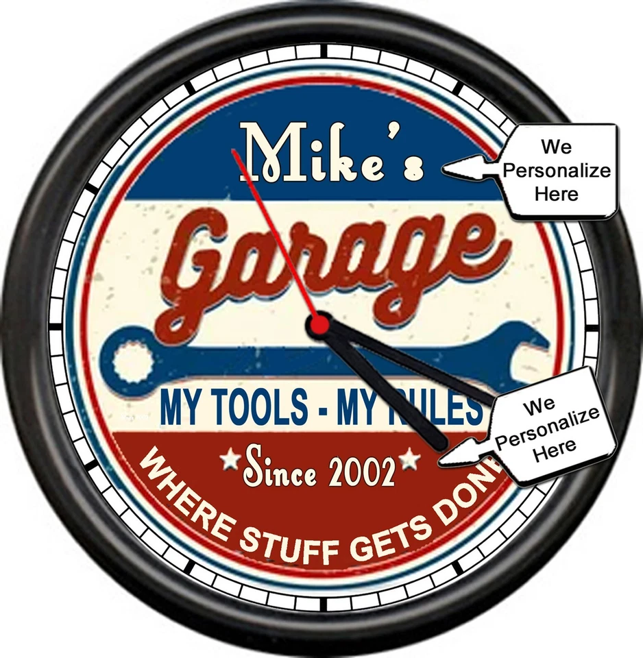 OFF THE WALL CLOCKS Personalized Your Name & Date Garage Mechanic Tools Rules Gift Sign Wall Clock