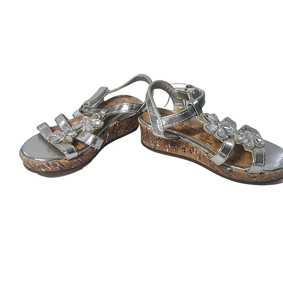 Sandalias Cherokee Niñas Plateadas Metálicas Joyas Corcho Cuña Tacones Talla 6 Foto 3 de 4