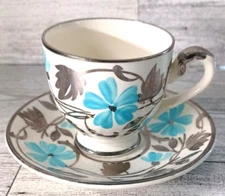 MYOTT England Old SILVER Lustre Blue Flower Hand Painted Demi Tea Cup Saucer