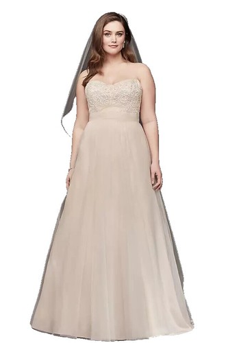 slim fit dress slacks David's Bridal Gold Metallic Taupe Lace and Mesh Long Strapless Dress   Sonderleigh