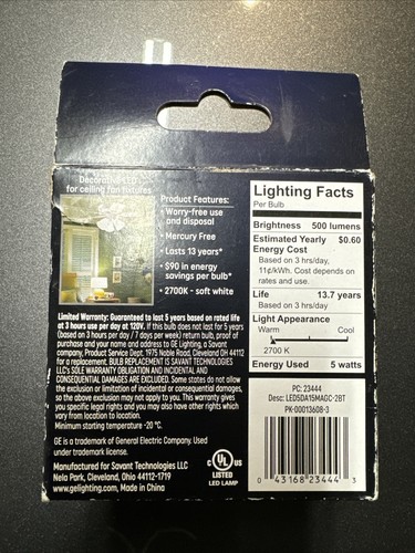 GE Ceiling Fan LED Light Bulbs, Soft White, 5w, Dimmable-2 pack - Picture 2 of 2