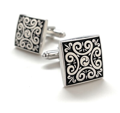 Royal Swirl Cufflinks Black Enamel Silver Accents Straight Bullet Post Power