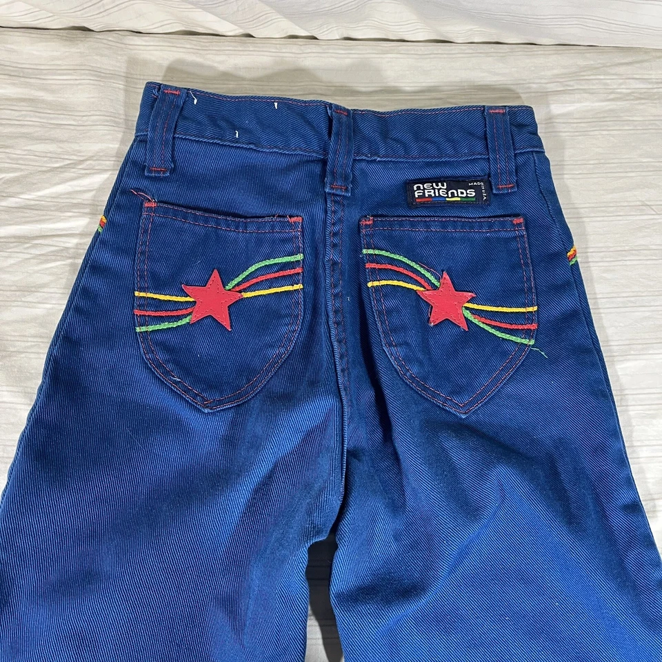 Vintage 60s 70s Kids Blue Denim Pants Rainbow Stitching Sz 10? Slim USA READ M1 - Image 2 of 4