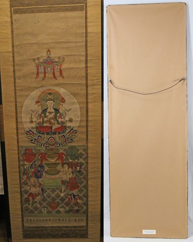 Antique Chinese Buddha on Lotus Flower Scroll Painting 53" Richard Tobey Frame - Picture 10 of 12
