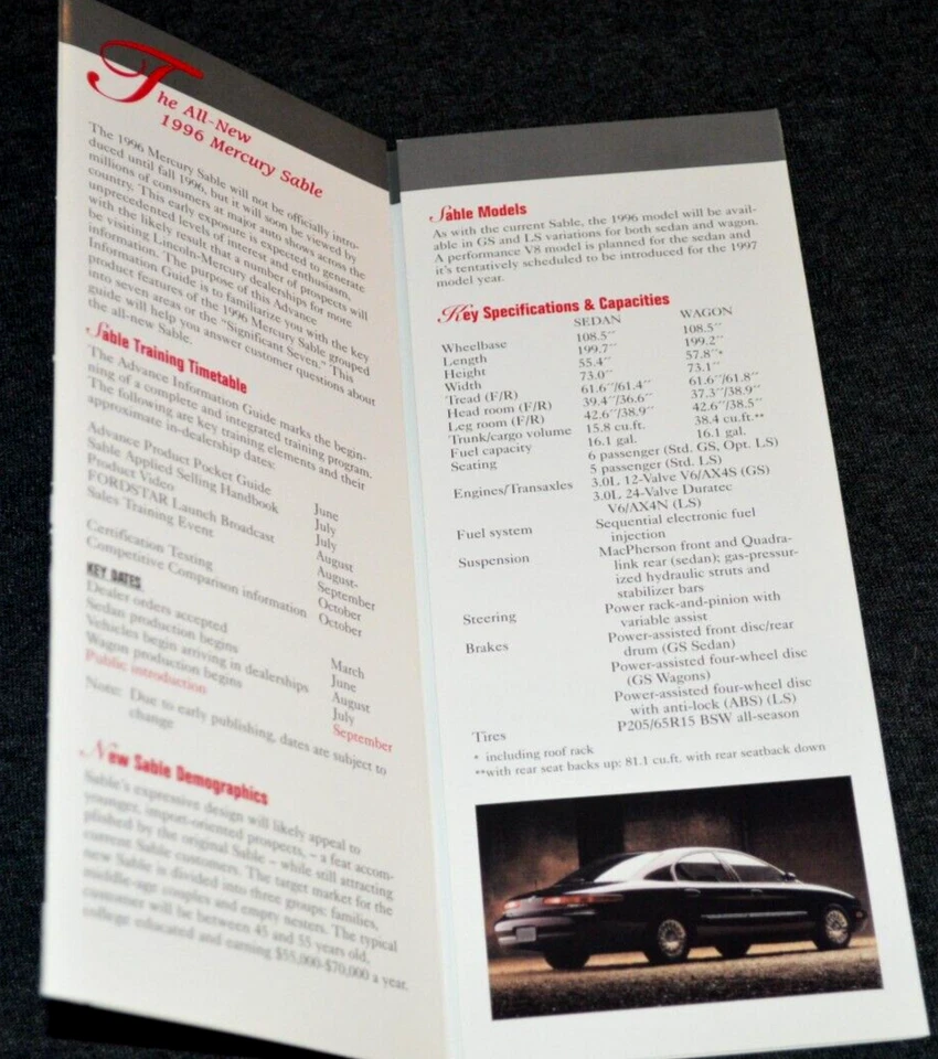 Folleto desplegable Ford Mercury Sable 1996 original sobre anuncio 96 Foto 3 de 4