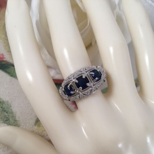 Vintage Jewellery Gold Ring with Blue and White Sapphires Antique Deco Jewelry - Picture 2 of 10