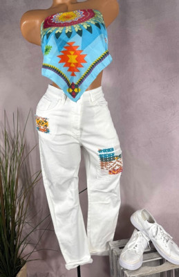 Women's jeans WIYA 11324 high waist stretch pants patches white S 36 38